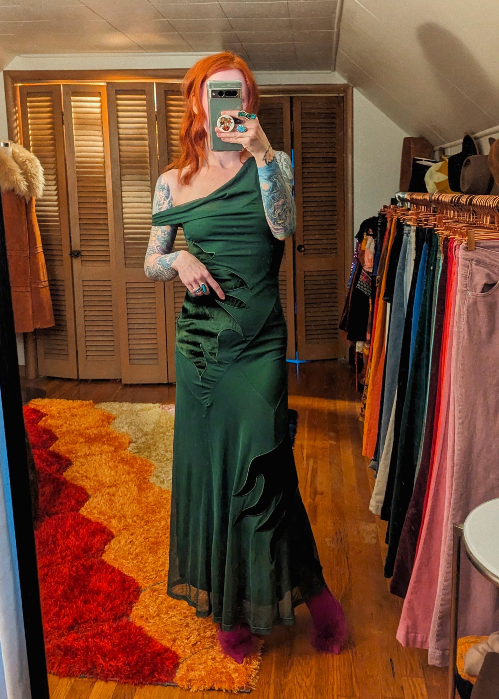 Green Blaze Bias Cut Mesh & Velvet Maxi Dress