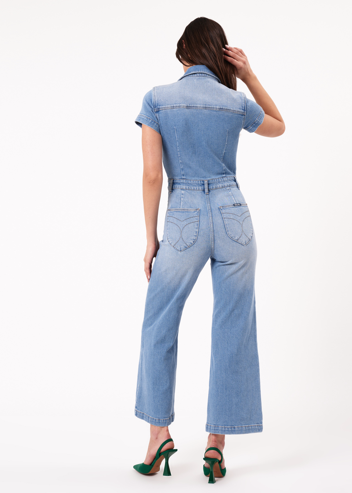 70s vibes with the Rolla's Ranch Blue Faded Denim Sailor Wide Leg Jumpsuit