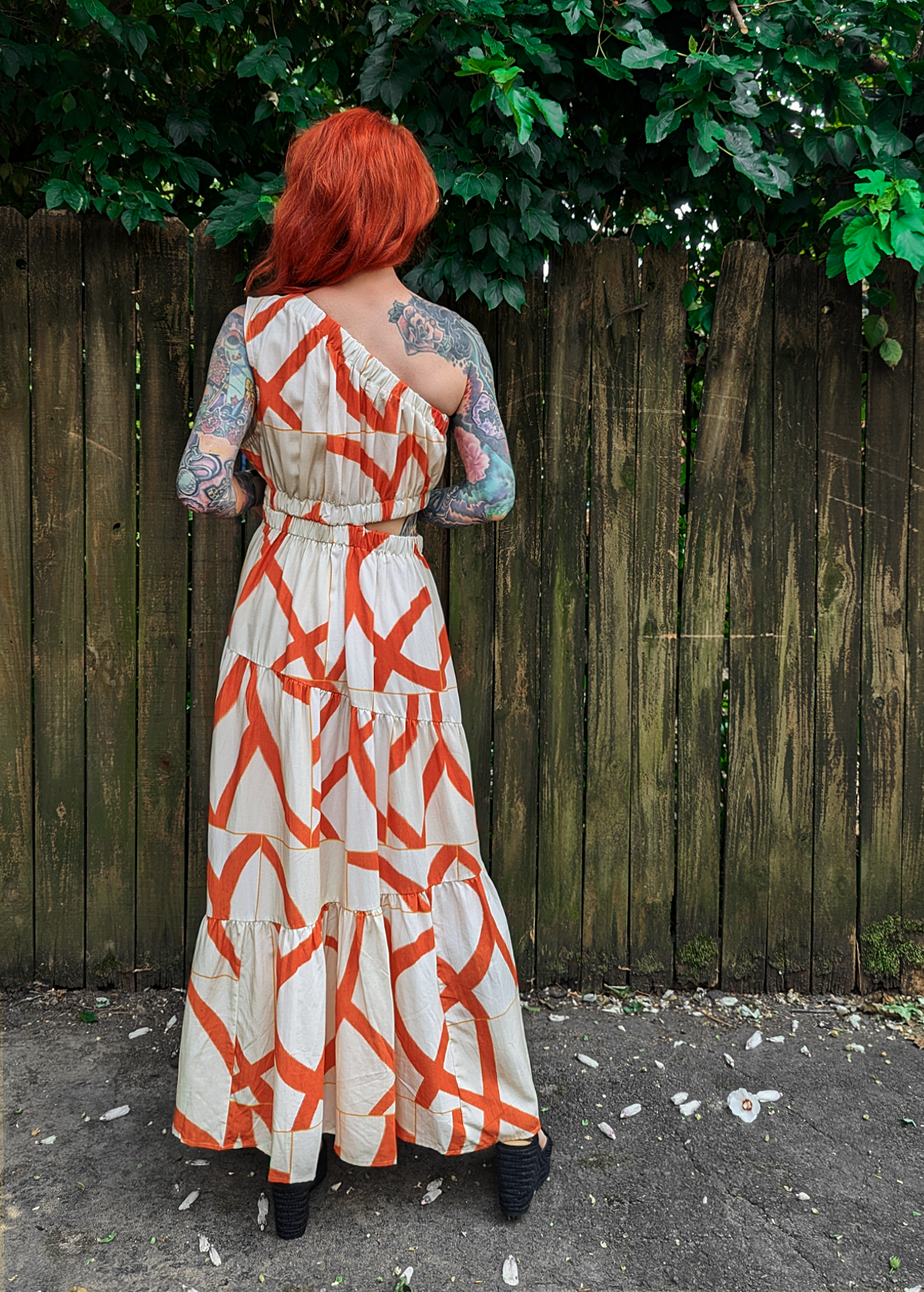 Little Lies Yasmin One Sleeve Midi-Maxi Dress. Beige and Orange abstract pattern in a linen Tencel fabrication