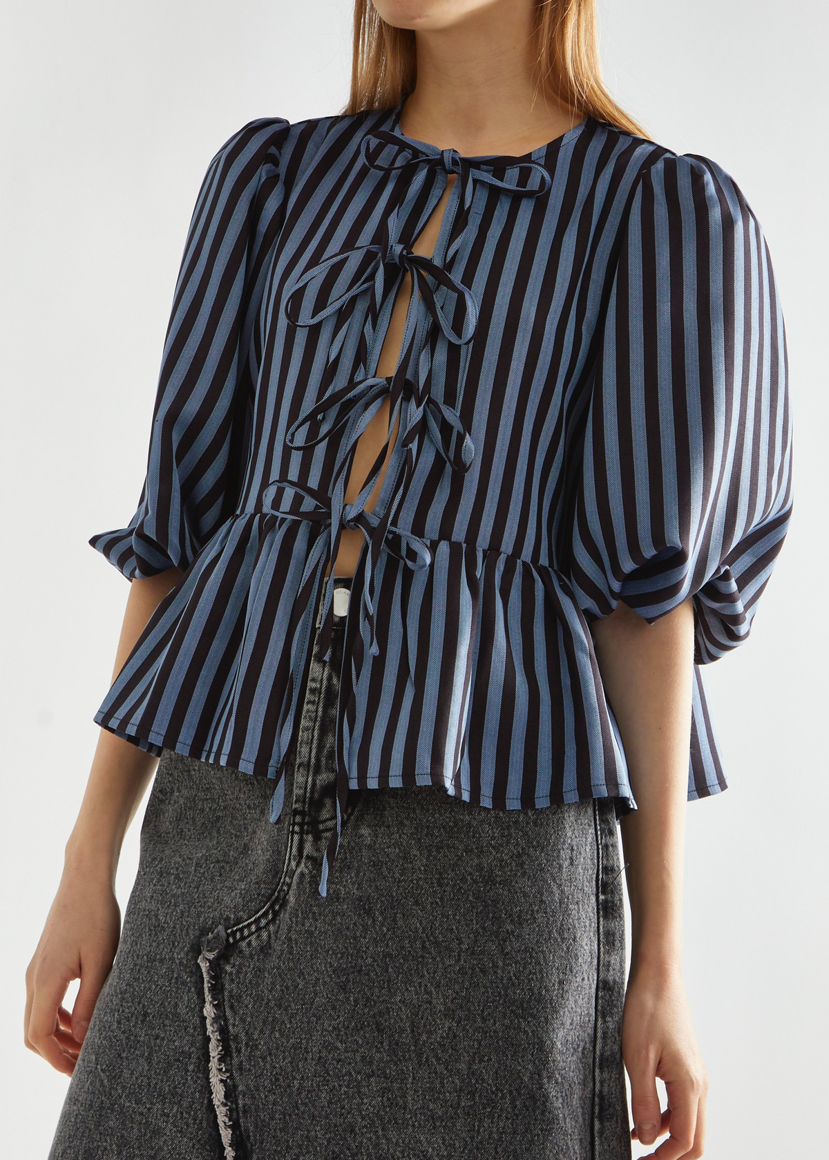 Lora Black and Blue Stripe Tie Front Top