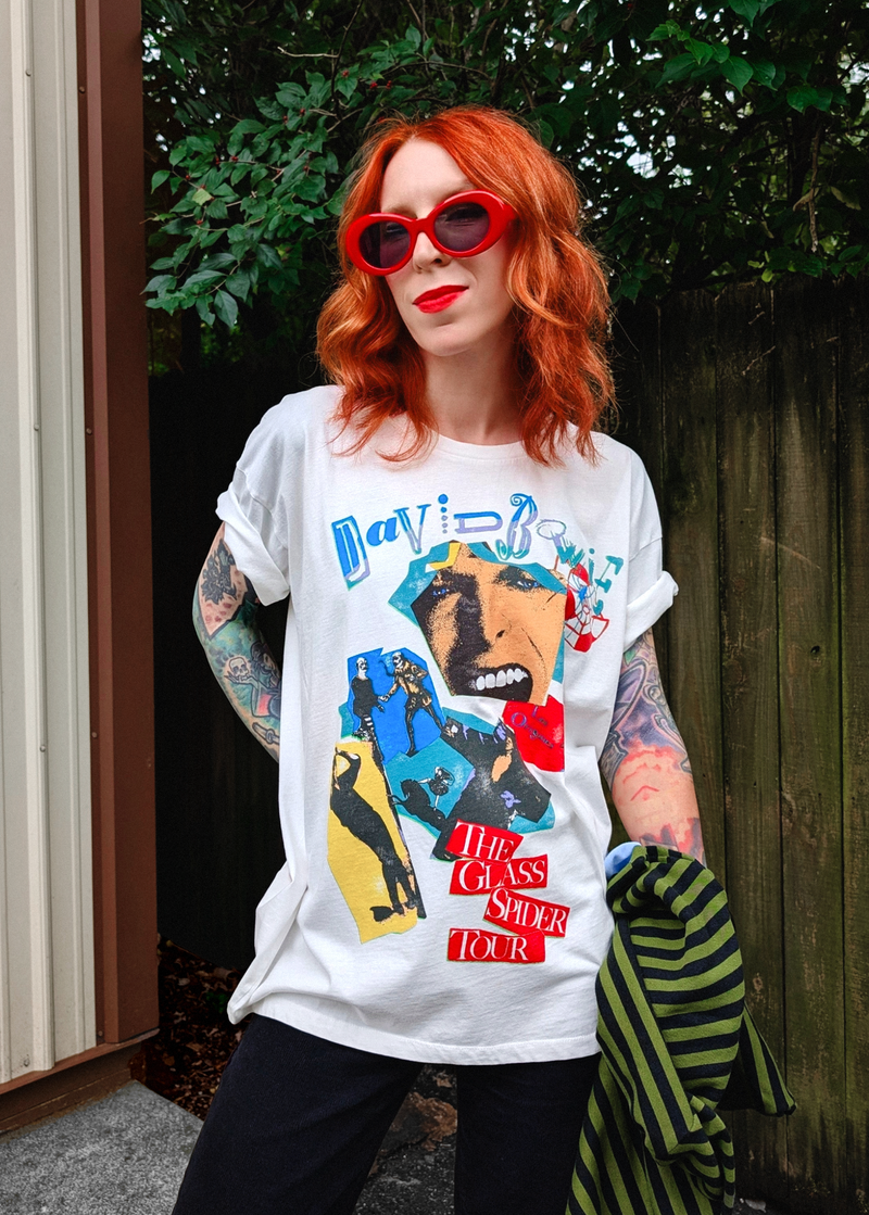 Slouchy, oversized fit tee with colorful David Bowie The Glass Spider Tour graphics at front. Made in the USA and officially licensed