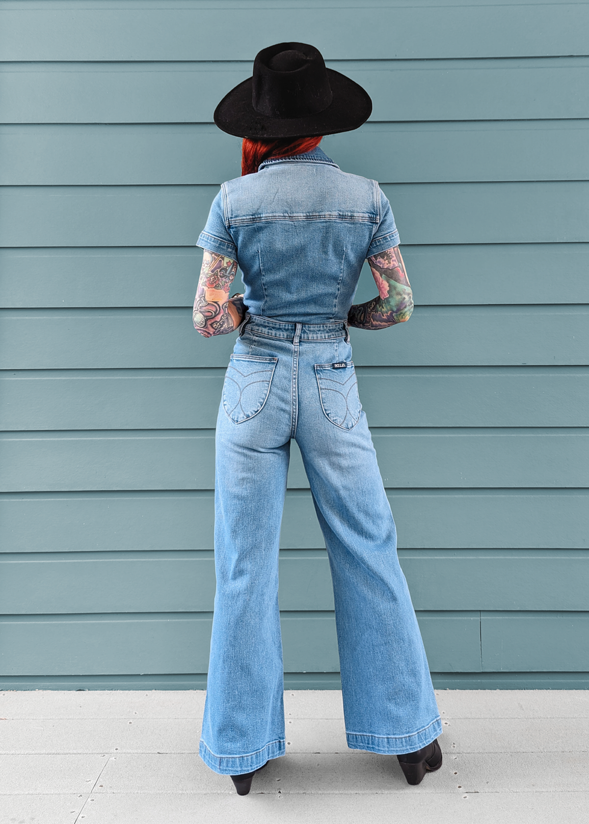 '70s vibes with the Rolla's Jeans Ranch Blue Stretch Denim Sailor Jumpsuit with crop ankle length wide leg