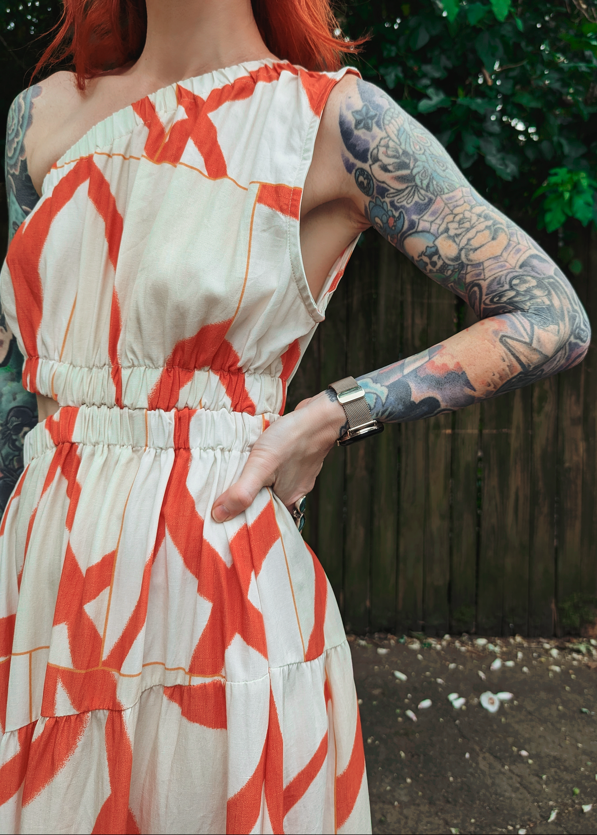 Little Lies Yasmin One Sleeve Midi-Maxi Dress. Beige and Orange abstract pattern in a linen Tencel fabrication