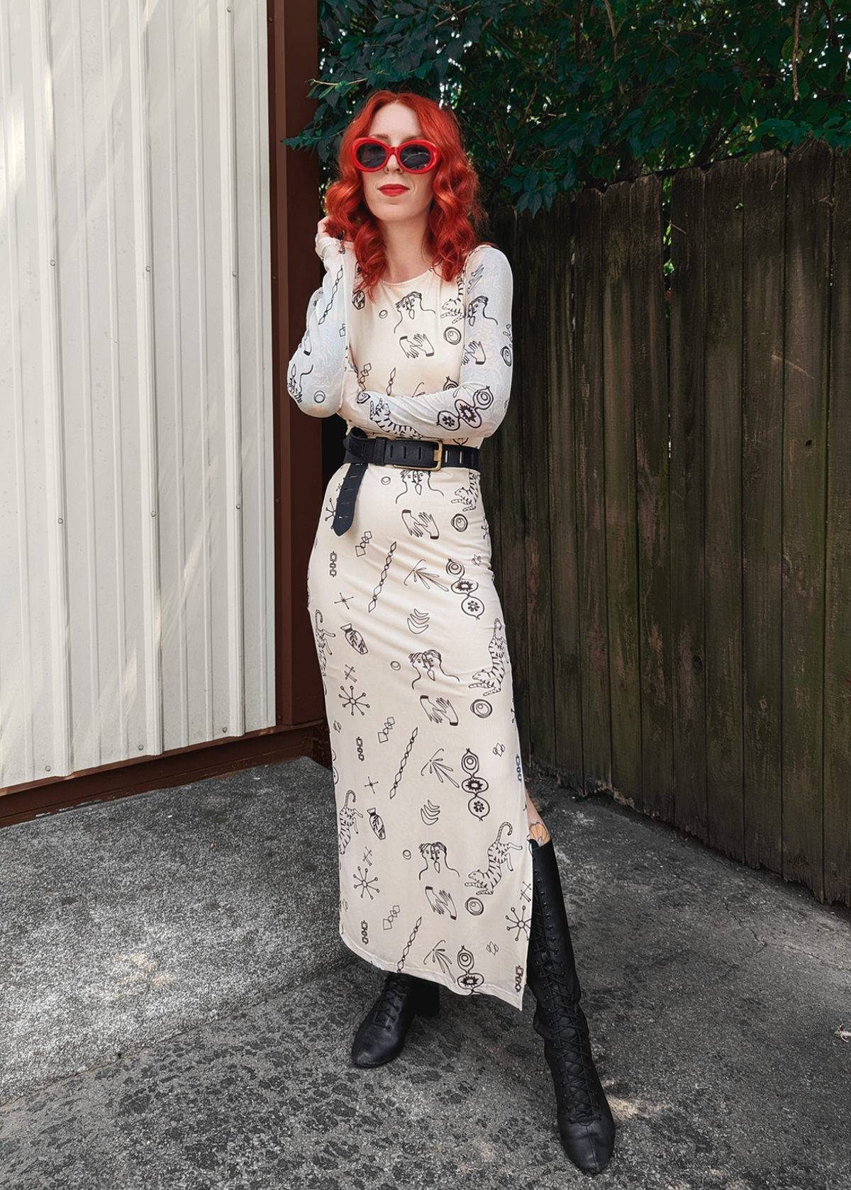 Doodle Print Cream Mesh Long Sleeve Midi Maxi Dress by Another Girl. Sustainably and ethically made with recycled fabrics 