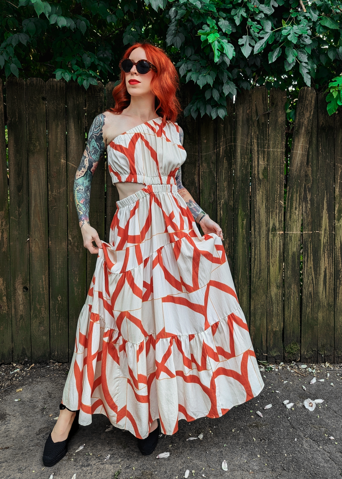 Little Lies Yasmin One Sleeve Midi-Maxi Dress. Beige and Orange abstract pattern in a linen Tencel fabrication