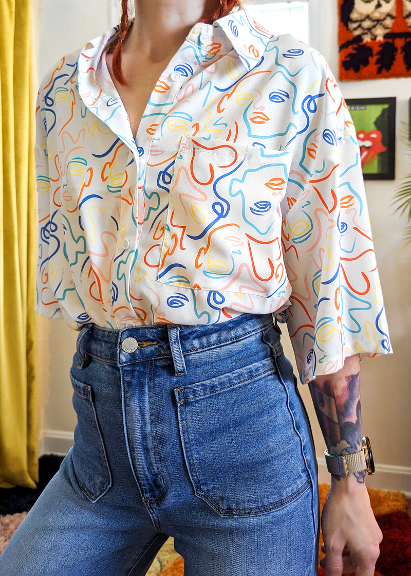 80s style abstract faces oversized collared button down shirt in multi-color print by Glamorous UK