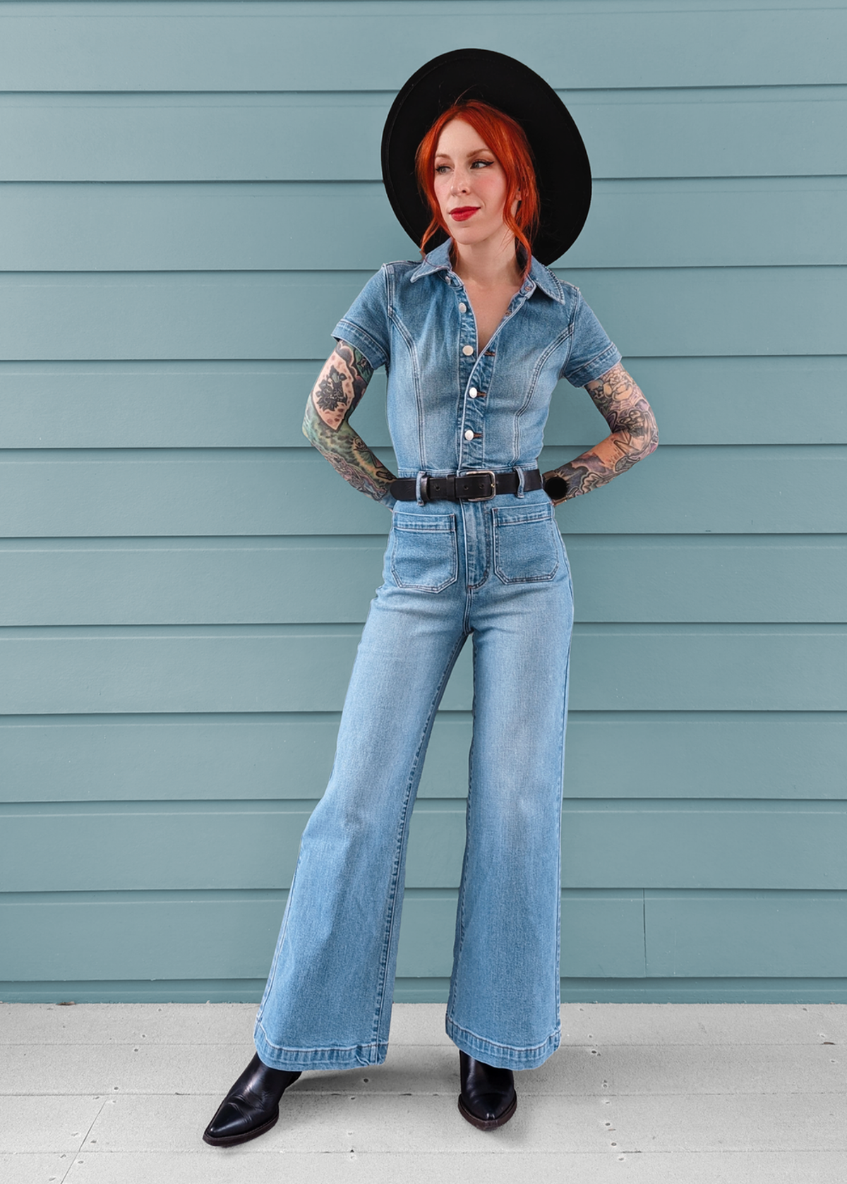 '70s vibes with the Rolla's Jeans Ranch Blue Stretch Denim Sailor Jumpsuit with crop ankle length wide leg