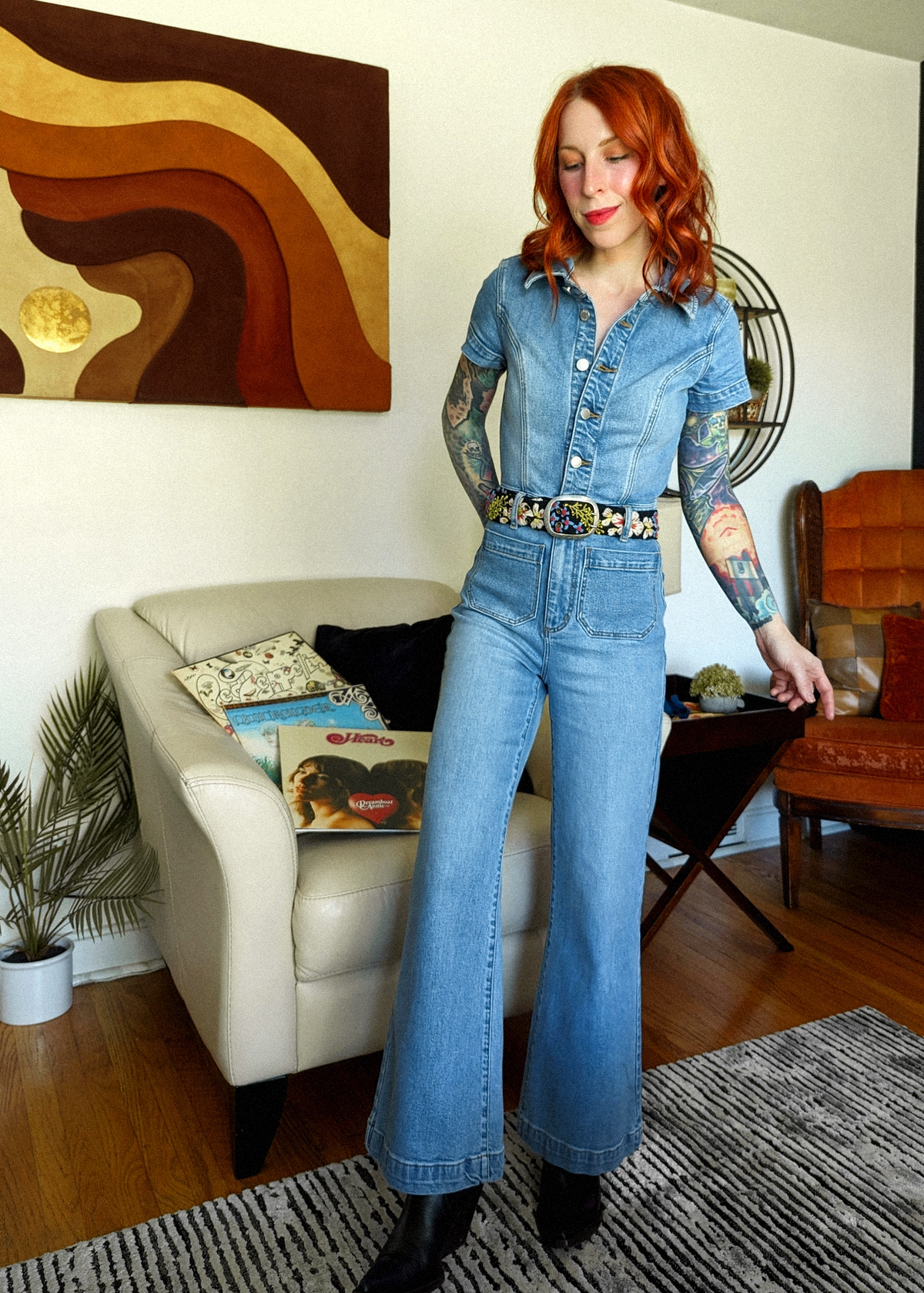 '70s vibes with the Rolla's Jeans Ranch Blue Stretch Denim Sailor Jumpsuit with crop ankle length wide leg