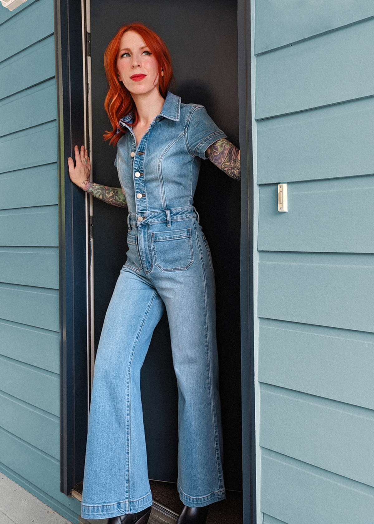 '70s vibes with the Rolla's Jeans Ranch Blue Stretch Denim Sailor Jumpsuit with crop ankle length wide leg