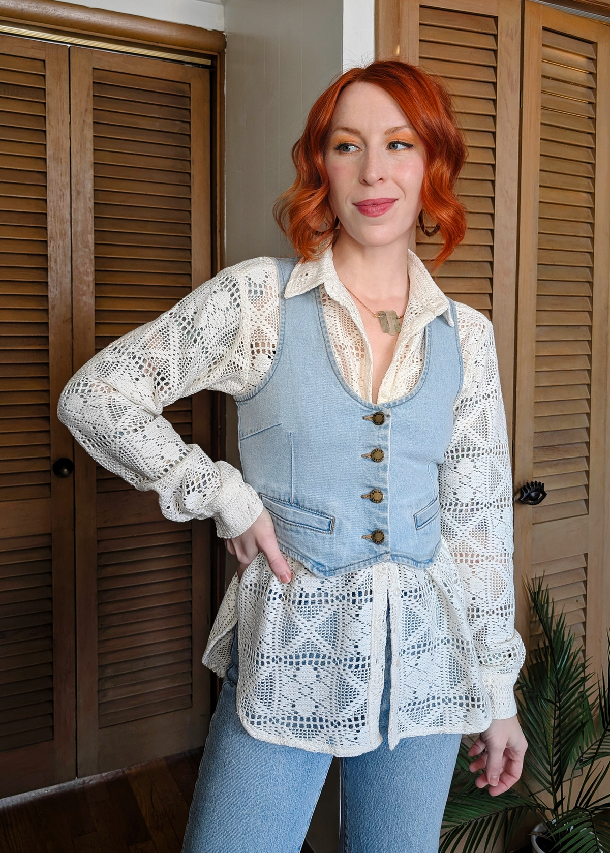 Ivory Floral Lacey Button Down Blouse by Little Lies - styled with a denim vest over top