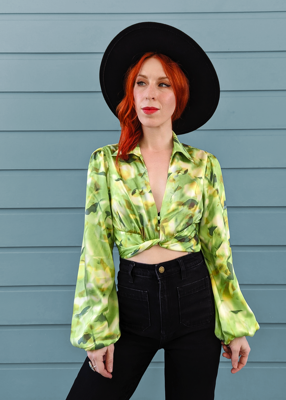 70s meets 90s vibes with the Lemon Lime Voluminous Sleeve Collared Tie Crop Blouse from Glamorous UK