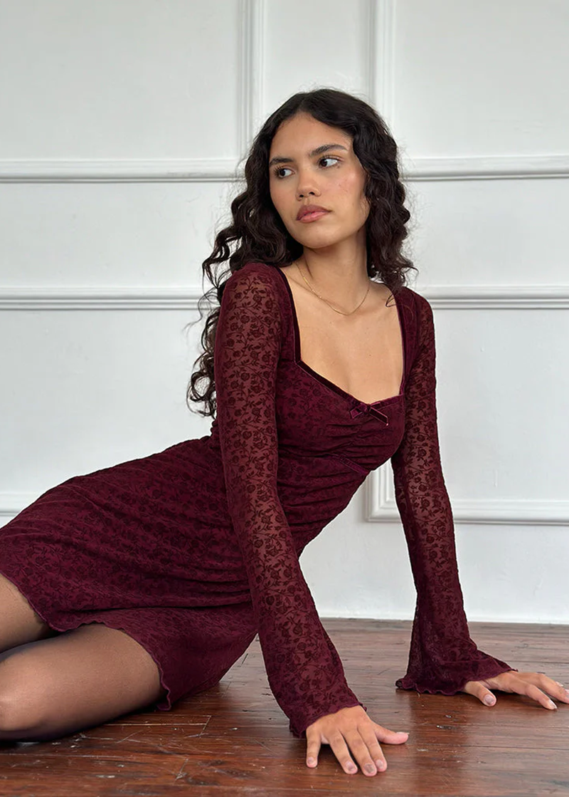 Lilith Burgundy Floral Burnout Dress - sweetheart neckline, velvet trim with bow at bust, flared sleeves, and a mini length fit