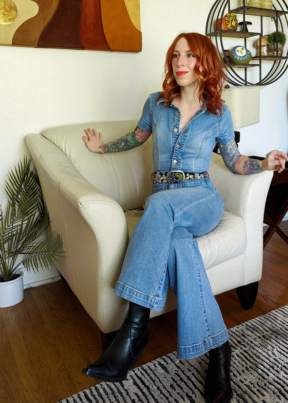 '70s vibes with the Rolla's Jeans Ranch Blue Stretch Denim Sailor Jumpsuit with crop ankle length wide leg