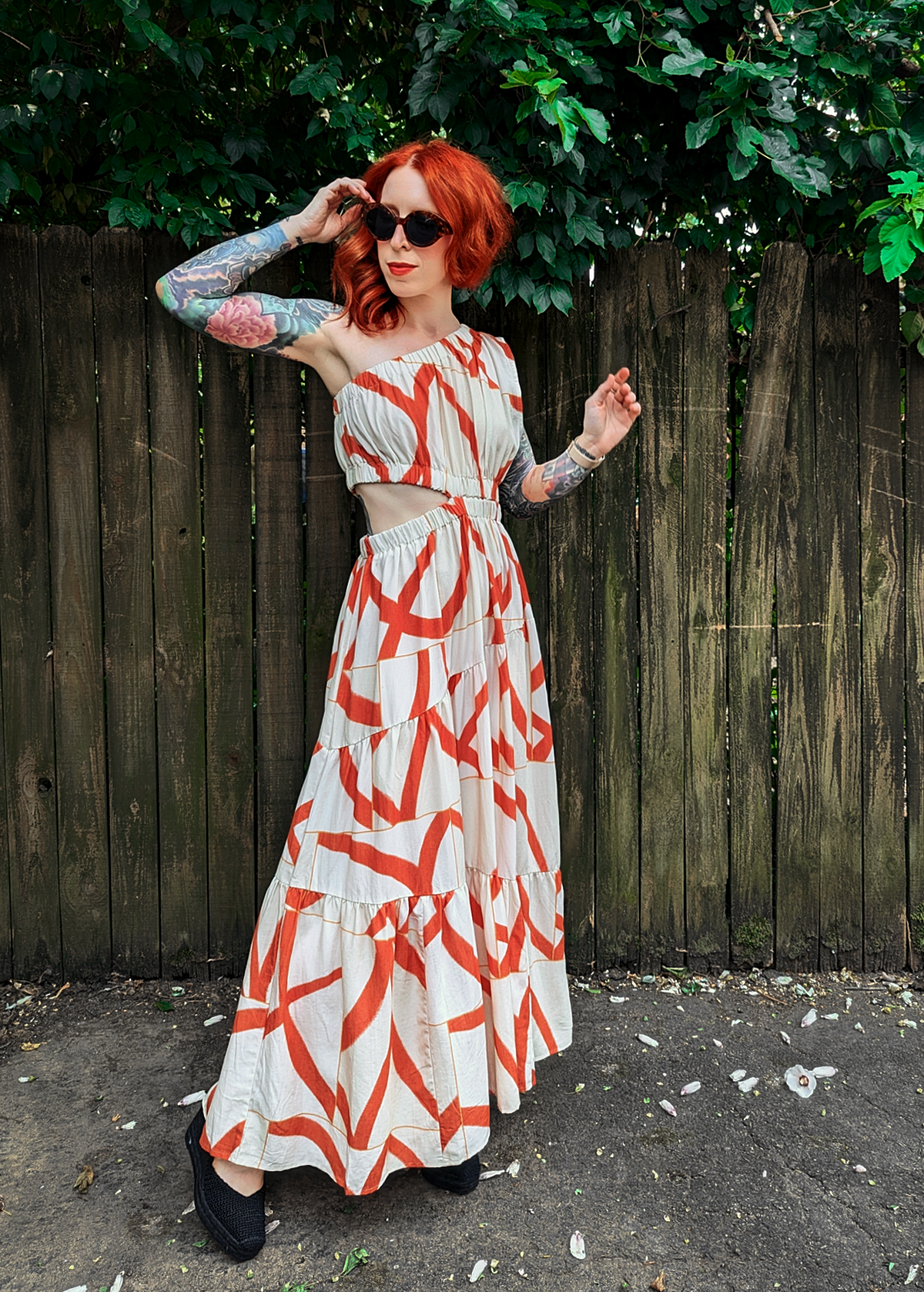 Little Lies Yasmin One Sleeve Midi-Maxi Dress. Beige and Orange abstract pattern in a linen Tencel fabrication