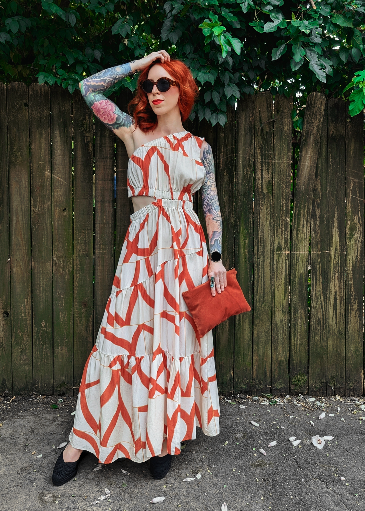 Little Lies Yasmin One Sleeve Midi-Maxi Dress. Beige and Orange abstract pattern in a linen Tencel fabrication