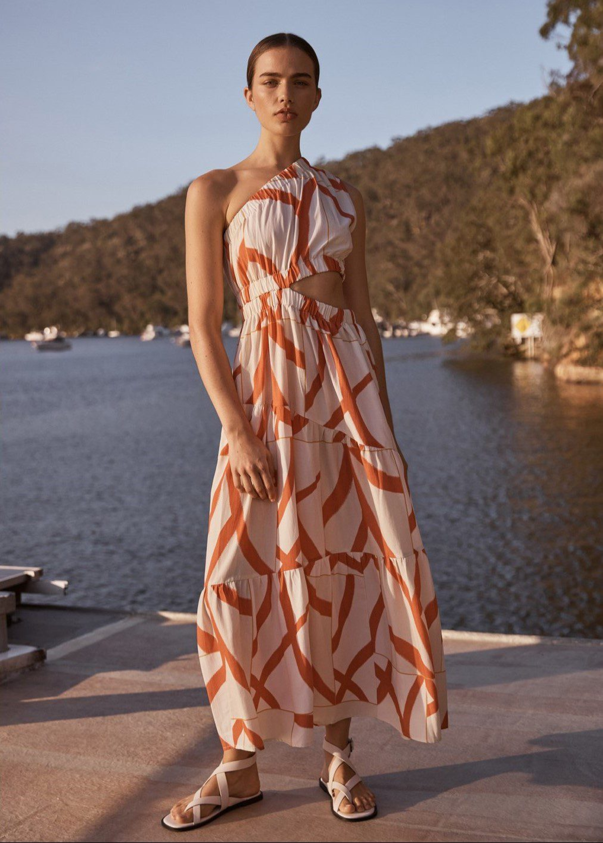 Little Lies Yasmin One Sleeve Midi-Maxi Dress. Beige and Orange abstract pattern in a linen Tencel fabrication